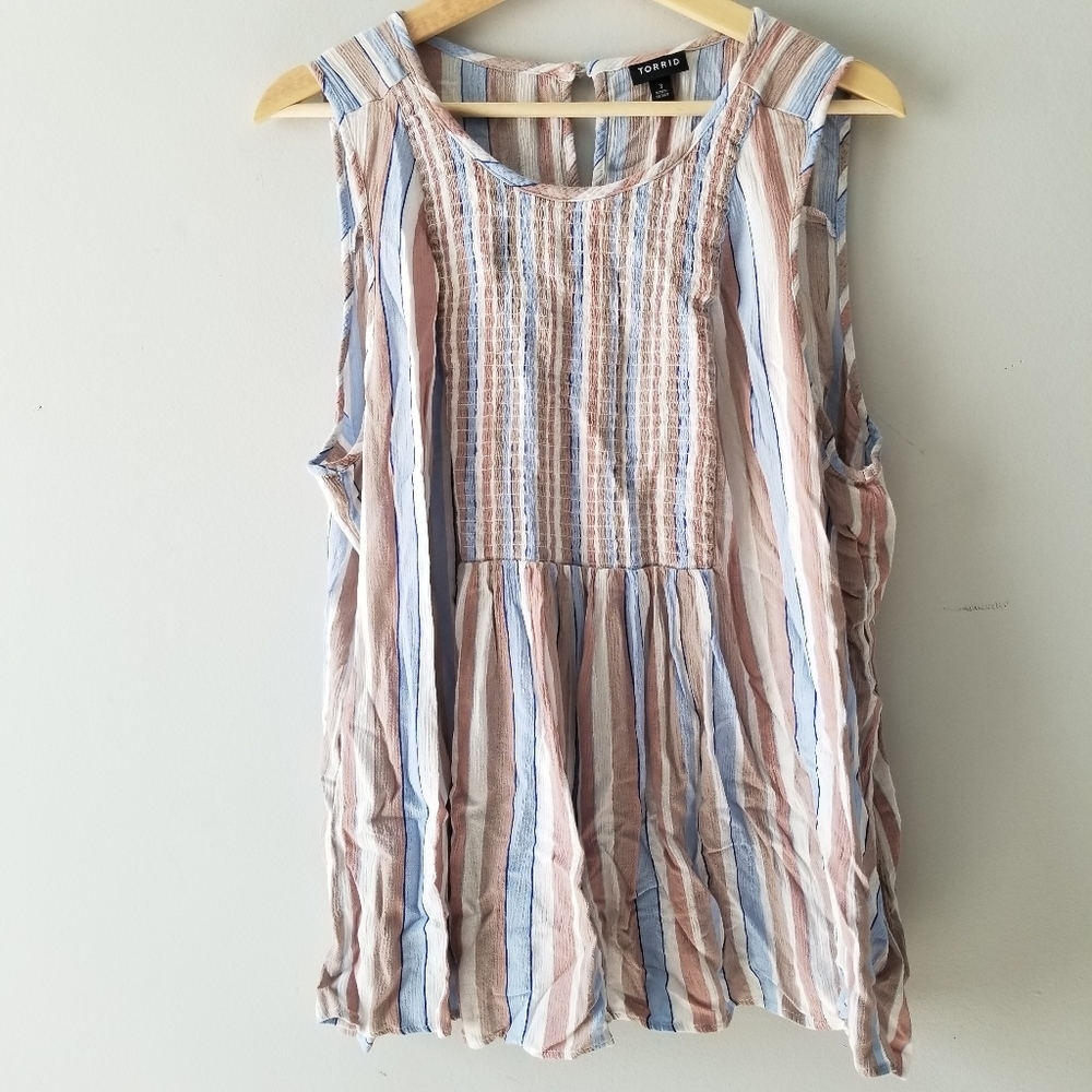 Torrid Blue Taupe Stripe Crinkled Gauze Smocked Tank Top - Picture 4 of 9